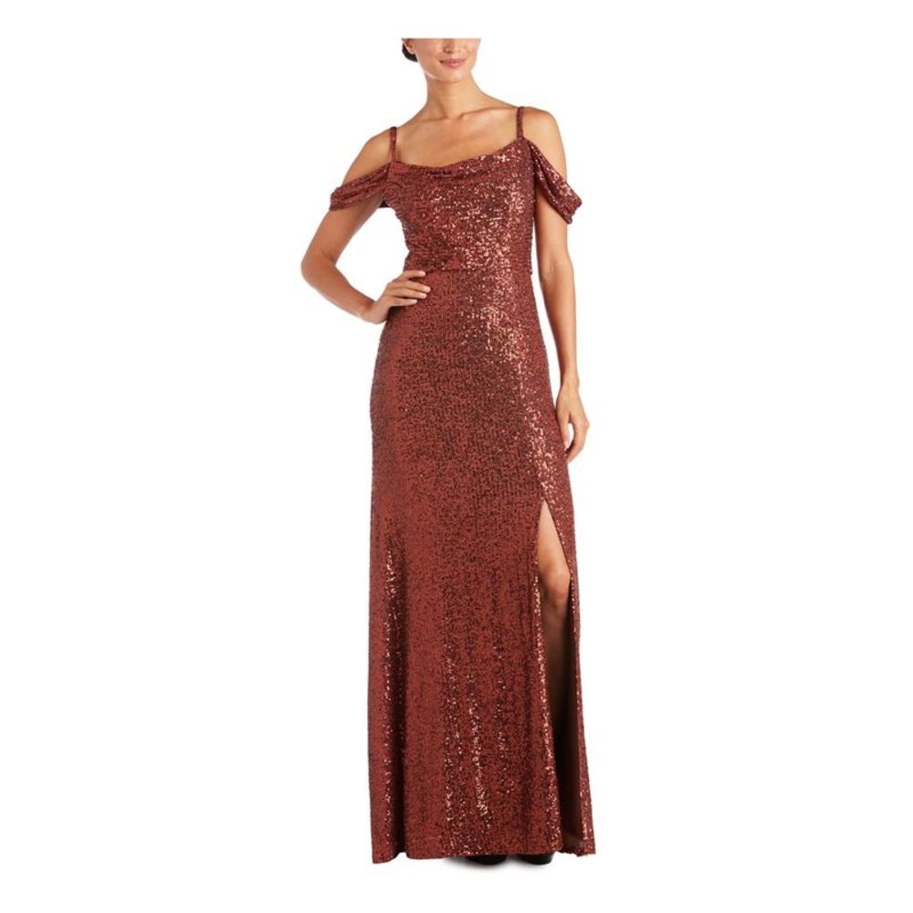 NIGHTWAY Womens Orange Drapey Sleeves Scoop Back Slit Formal Gown Dress 12